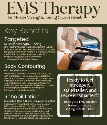 EMS Therapy benefits for muscle strength, body toning, and core rehabilitation.